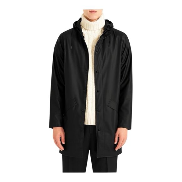 Rains Jacket Mens S/M Black Waterproof Long Jacket Hooded Lightweight Outerwear - Picture 1 of 14